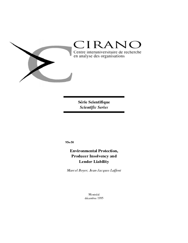 Environmental Protection, Producer Insolvency and Lender Liability