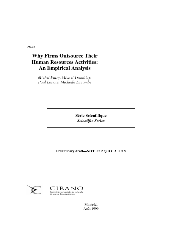 Why Firms Outsource Their Human Resources Activities: An Empirical Analysis